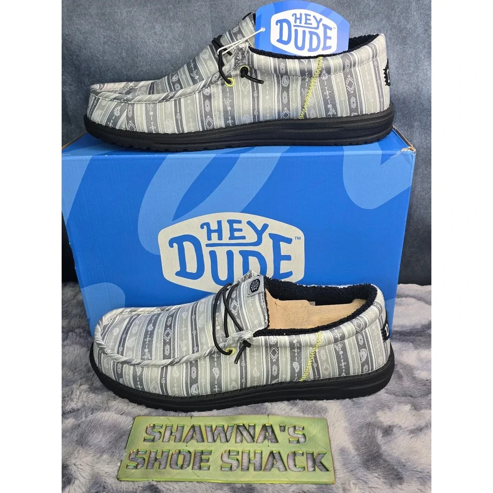 NWB Hey Dude Wally Funk Surf Blanket Grey Black Tribal Loafers Mens Size 14